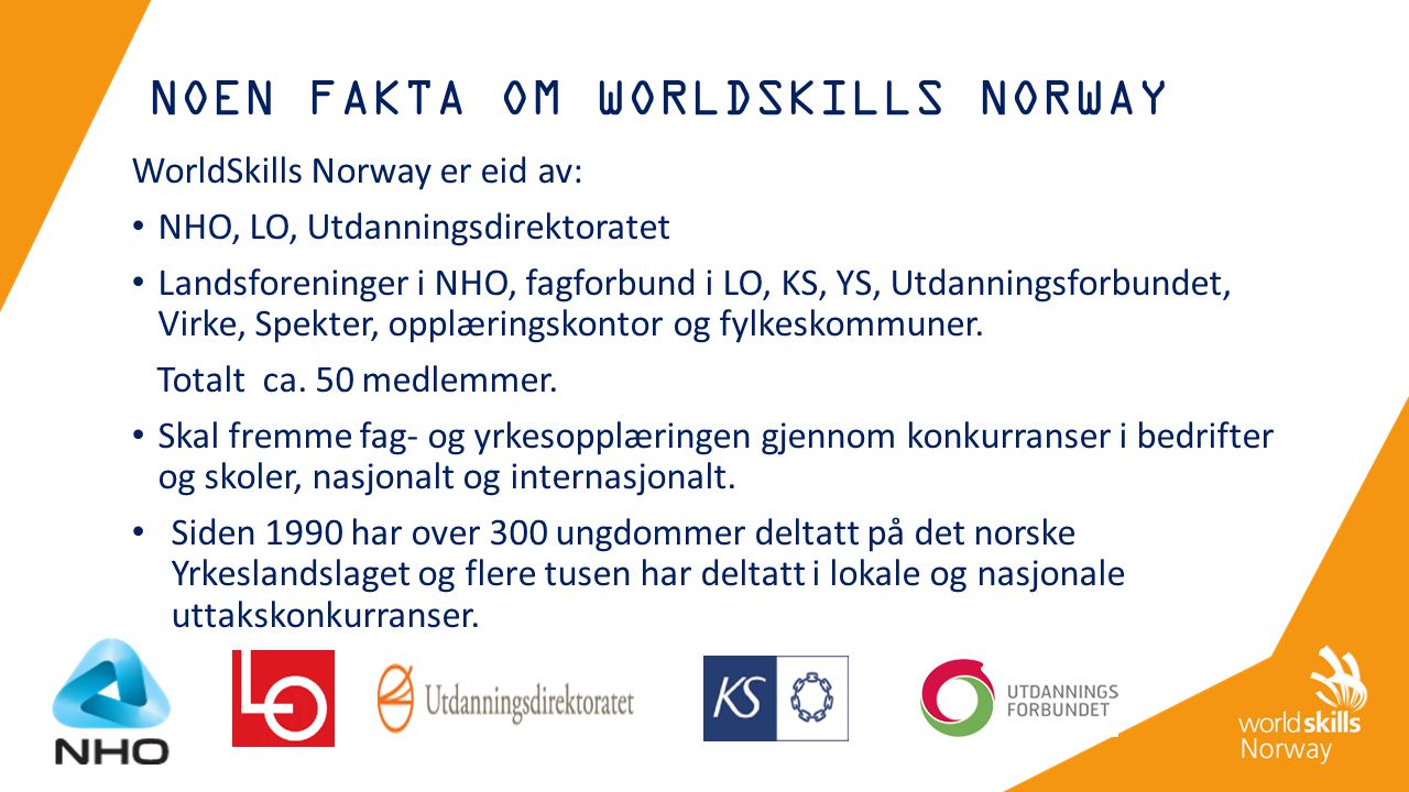 NOEN FAKTA OM WORLDSKILLS NORWAY WorldSkills Norway er eid av: NHO, LO, Utdanningsdirektoratet Landsforeninger i NHO, fagforbund i LO, KS, YS, Utdanningsforbundet, Virke, Spekter, opplæringskontor og fylkeskommuner.