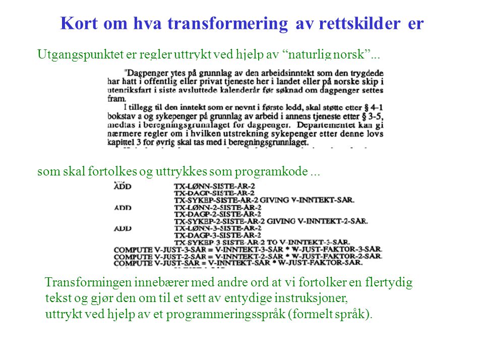 Kort om hva transformering av rettskilder er Utgangspunktet er regler uttrykt ved hjelp av naturlig norsk ...
