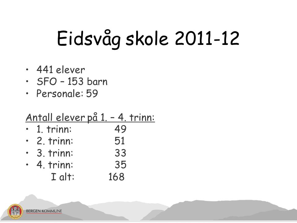 Eidsvåg skole elever SFO – 153 barn Personale: 59 Antall elever på 1.