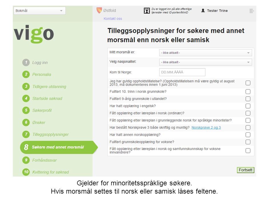 Gjelder for minoritetsspråklige søkere. Hvis morsmål settes til norsk eller samisk låses feltene.