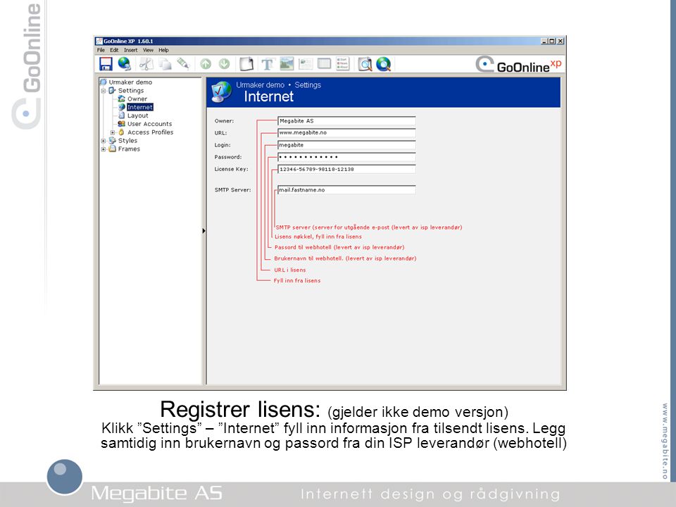 Registrer lisens: (gjelder ikke demo versjon) Klikk Settings – Internet fyll inn informasjon fra tilsendt lisens.