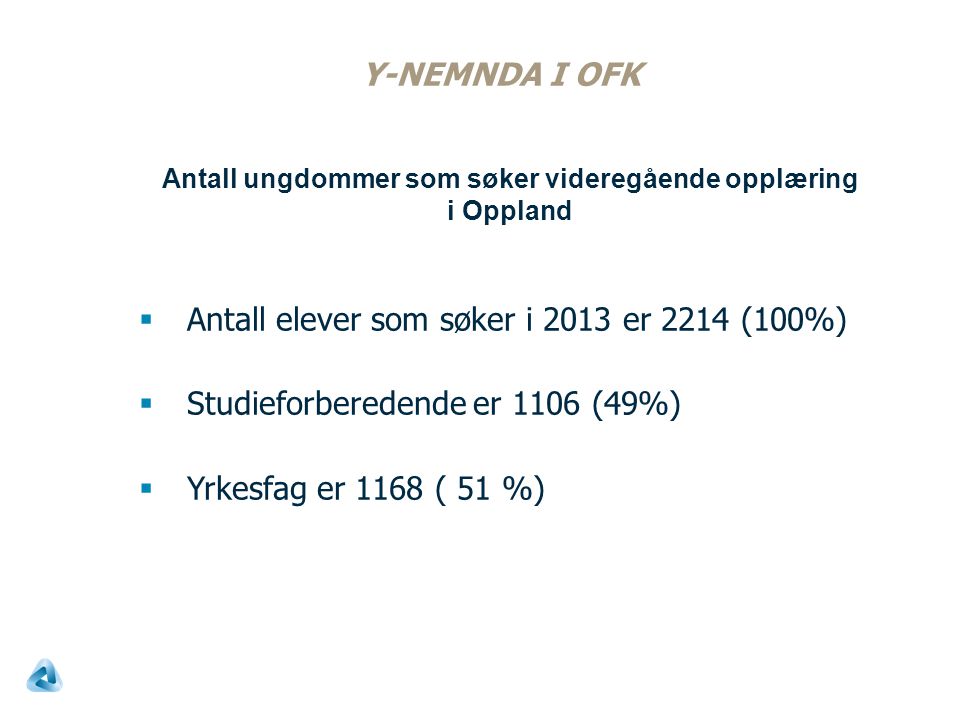 Y-NEMNDA I OFK  Antall elever som søker i 2013 er 2214 (100%)  Studieforberedende er 1106 (49%)  Yrkesfag er 1168 ( 51 %) Antall ungdommer som søker videregående opplæring i Oppland