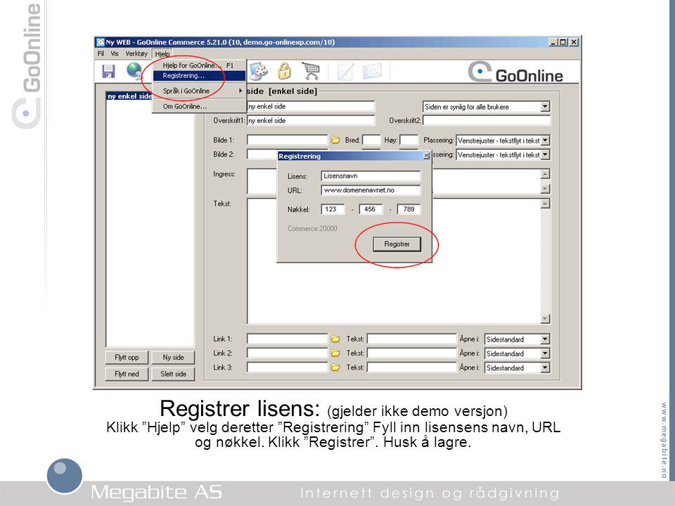 Registrer lisens: (gjelder ikke demo versjon) Klikk Hjelp velg deretter Registrering Fyll inn lisensens navn, URL og nøkkel.