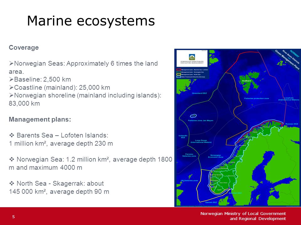Norwegian Ministry of Local Government and Regional Development Engelsk mal:Tekst uten kulepunkter Marine ecosystems 5 Coverage  Norwegian Seas: Approximately 6 times the land area.