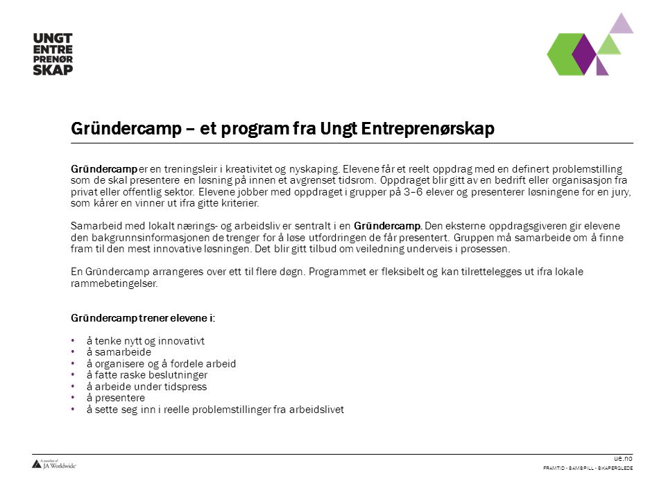 ue.no Gründercamp – et program fra Ungt Entreprenørskap Gründercamp er en treningsleir i kreativitet og nyskaping.