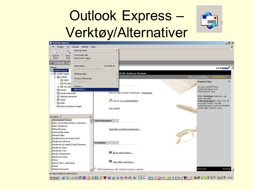 Outlook Express – Verktøy/Alternativer