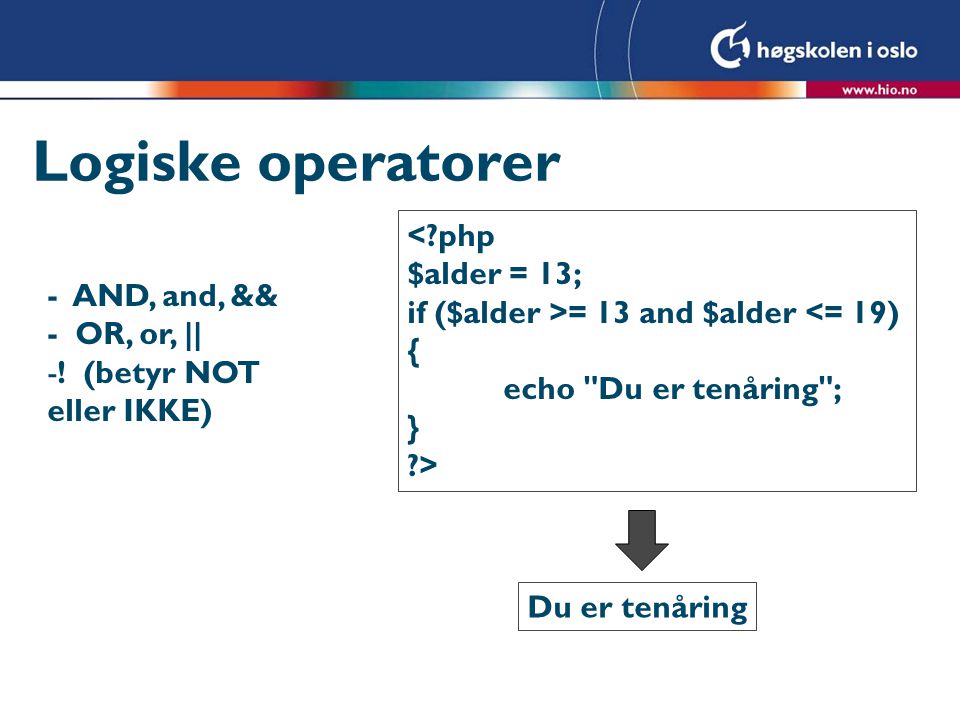 Logiske operatorer - AND, and, && - OR, or, || -.