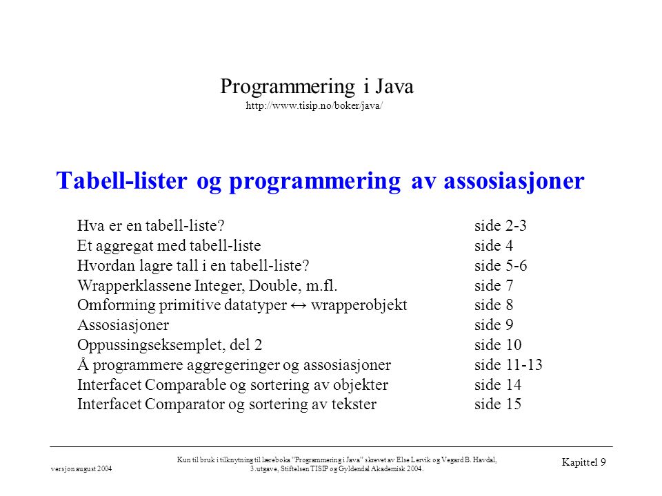 Programmering i Java   versjon august 2004 Kun til bruk i tilknytning til læreboka Programmering i Java skrevet av Else Lervik og Vegard B.