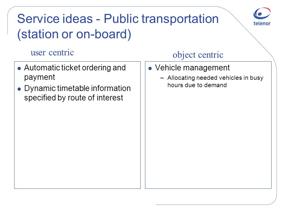 Service ideas - Public transportation (station or on-board) l Automatic ticket ordering and payment l Dynamic timetable information specified by route of interest l Vehicle management –Allocating needed vehicles in busy hours due to demand user centric object centric