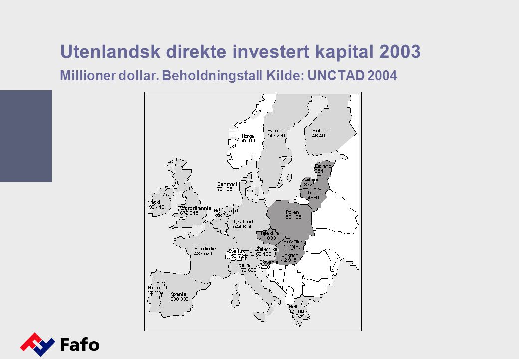 Utenlandsk direkte investert kapital 2003 Millioner dollar. Beholdningstall Kilde: UNCTAD 2004