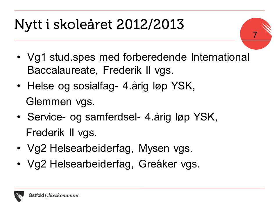 Nytt i skoleåret 2012/2013 •Vg1 stud.spes med forberedende International Baccalaureate, Frederik II vgs.