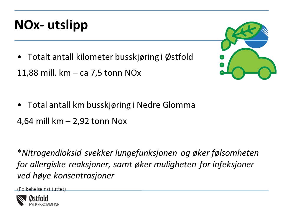 NOx- utslipp •Totalt antall kilometer busskjøring i Østfold 11,88 mill.