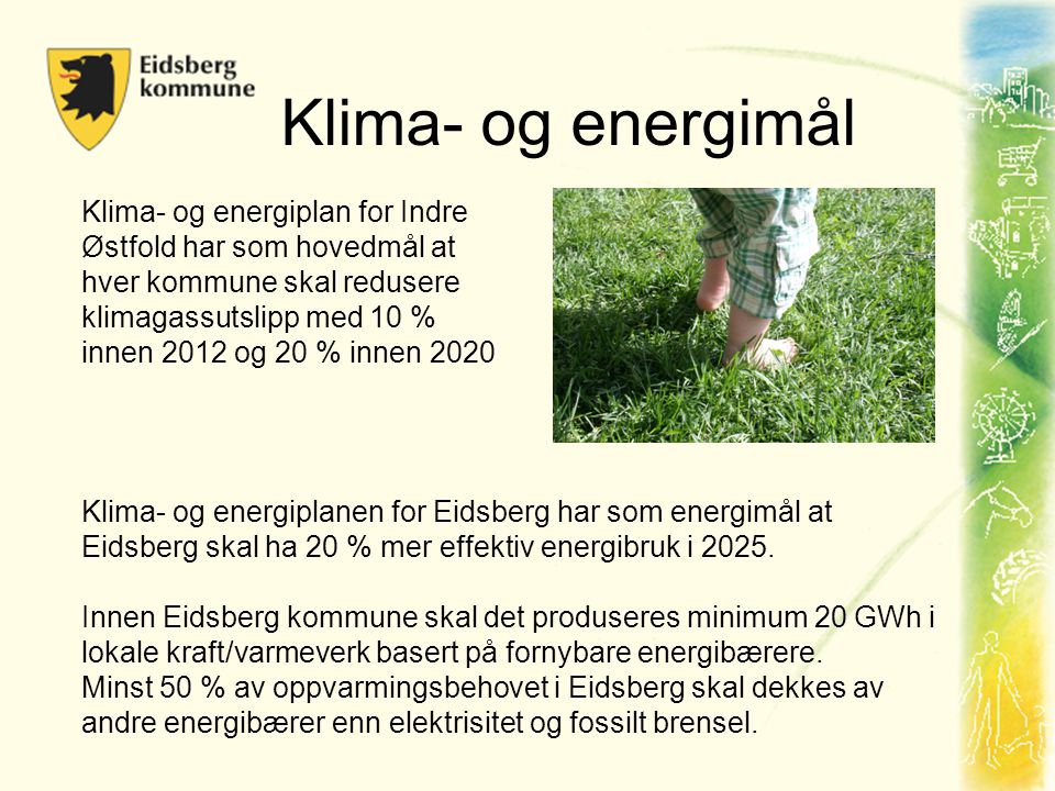 Klima- og energiplanen for Eidsberg har som energimål at Eidsberg skal ha 20 % mer effektiv energibruk i 2025.