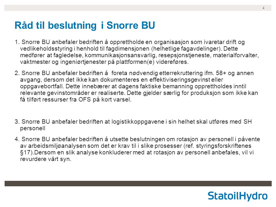 4 Råd til beslutning i Snorre BU 1.