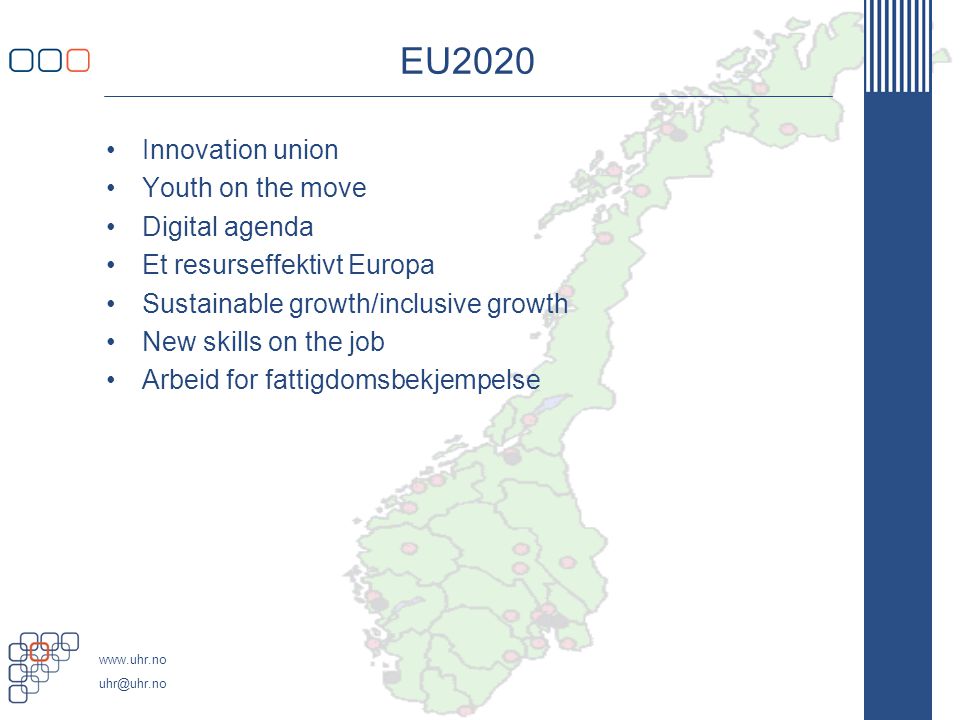 EU2020 Innovation union Youth on the move Digital agenda Et resurseffektivt Europa Sustainable growth/inclusive growth New skills on the job Arbeid for fattigdomsbekjempelse