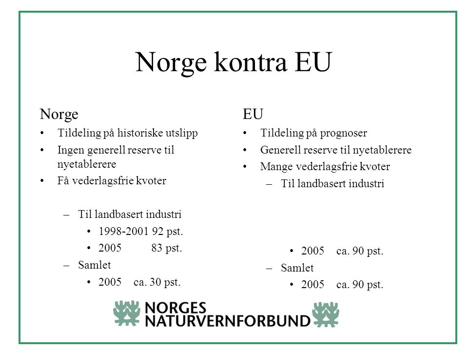 Norge kontra EU Norge Tildeling på historiske utslipp Ingen generell reserve til nyetablerere Få vederlagsfrie kvoter –Til landbasert industri pst.