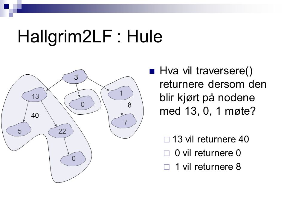 Hallgrim2LF : Hule Hva vil traversere() returnere dersom den blir kjørt på nodene med 13, 0, 1 møte.