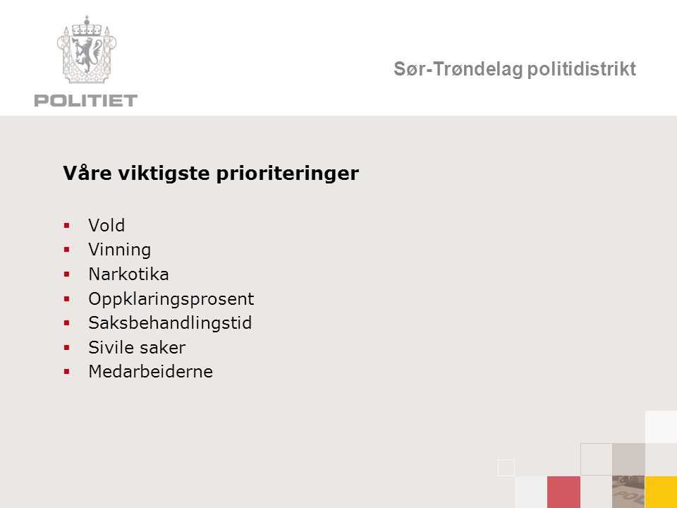Sør-Trøndelag politidistrikt Våre viktigste prioriteringer  Vold  Vinning  Narkotika  Oppklaringsprosent  Saksbehandlingstid  Sivile saker  Medarbeiderne