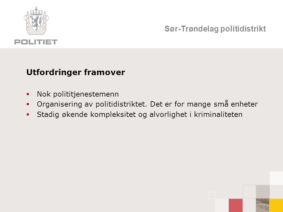Sør-Trøndelag politidistrikt Utfordringer framover  Nok polititjenestemenn  Organisering av politidistriktet.