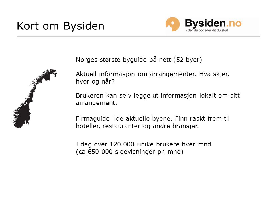 Kort om Bysiden Norges største byguide på nett (52 byer) ‏ Aktuell informasjon om arrangementer.