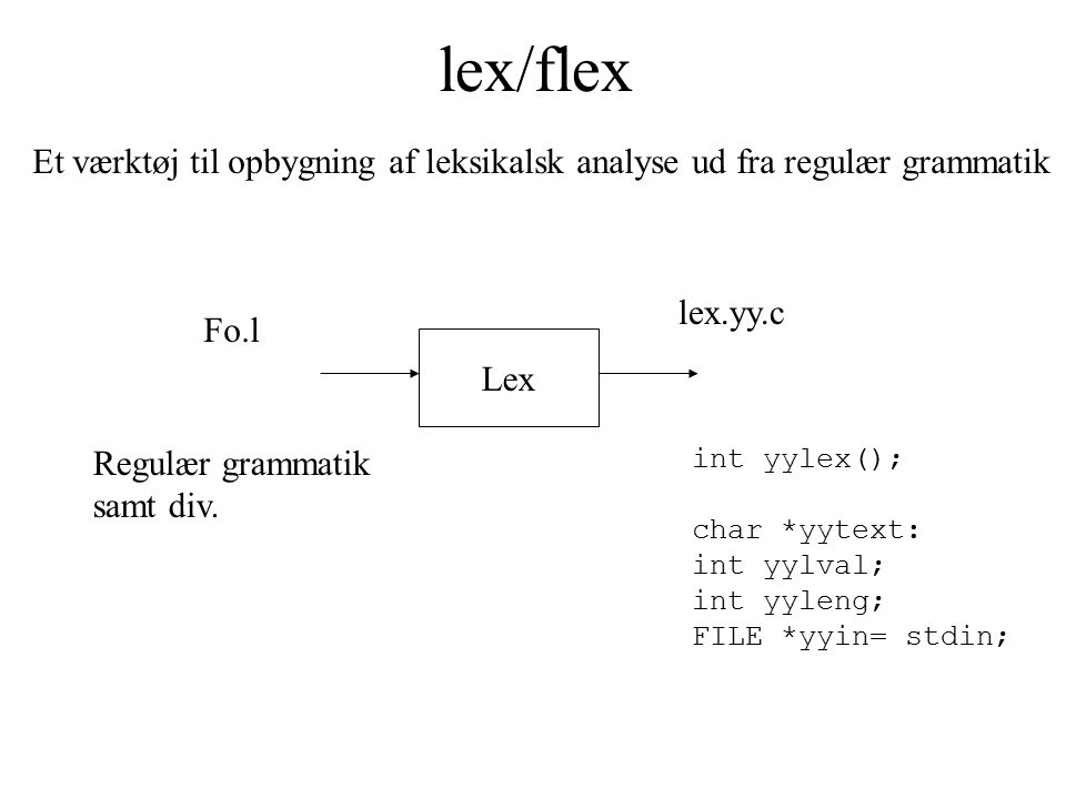 lex/flex Et værktøj til opbygning af leksikalsk analyse ud fra regulær grammatik Lex Fo.l lex.yy.c int yylex(); char *yytext: int yylval; int yyleng; FILE *yyin= stdin; Regulær grammatik samt div.