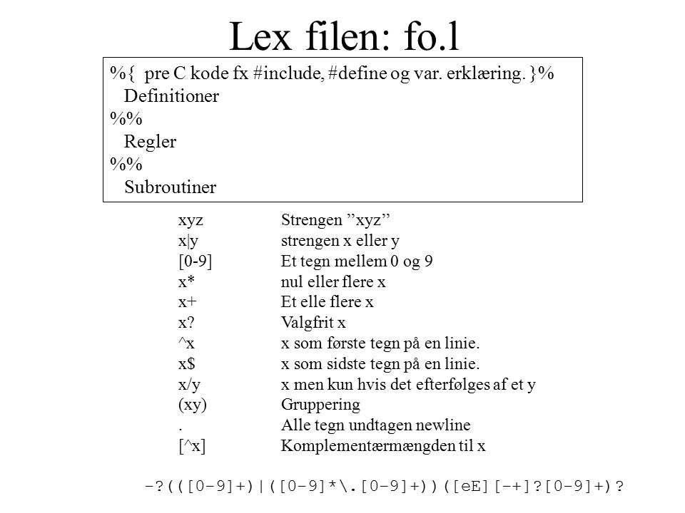 Lex filen: fo.l %{ pre C kode fx #include, #define og var.