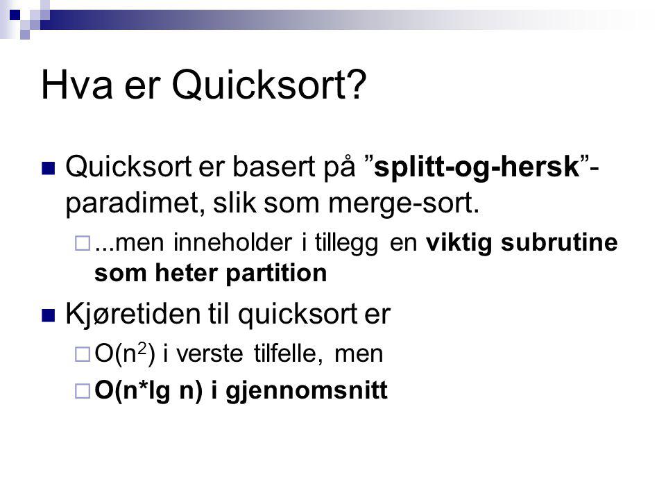 Hva er Quicksort. Quicksort er basert på splitt-og-hersk - paradimet, slik som merge-sort.