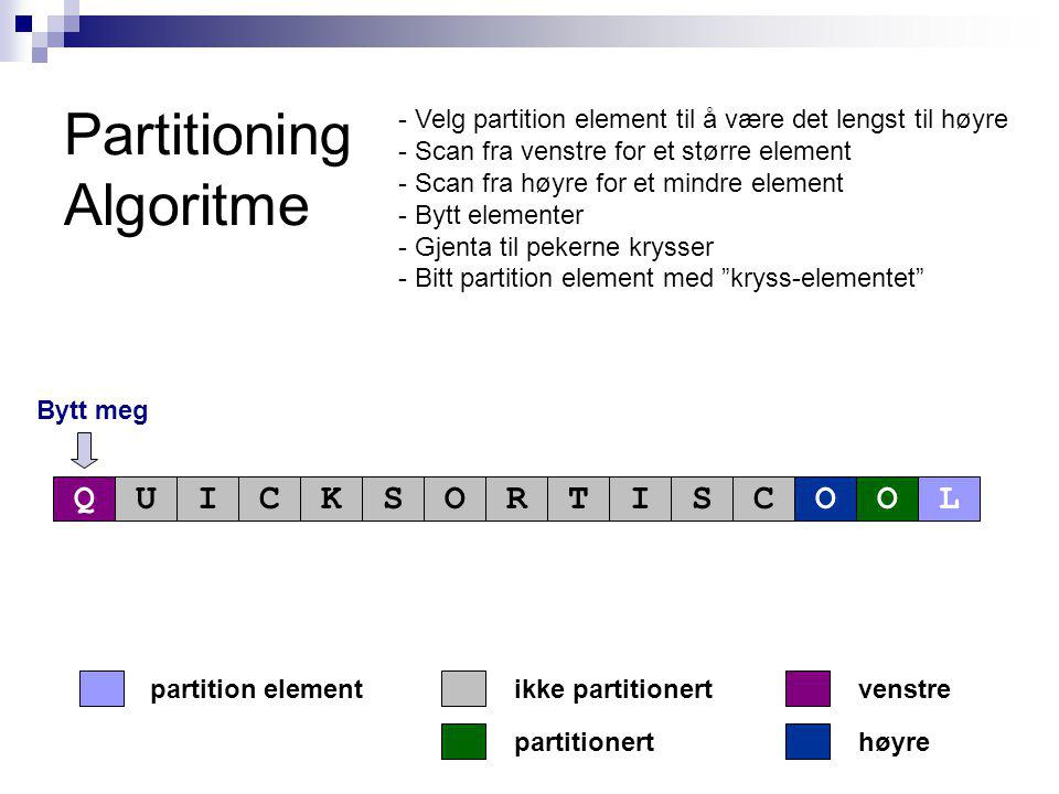 Partitioning Algoritme partitionert partition elementvenstre høyre ikke partitionert Bytt meg QUICKSORTISCOOL - Velg partition element til å være det lengst til høyre - Scan fra venstre for et større element - Scan fra høyre for et mindre element - Bytt elementer - Gjenta til pekerne krysser - Bitt partition element med kryss-elementet