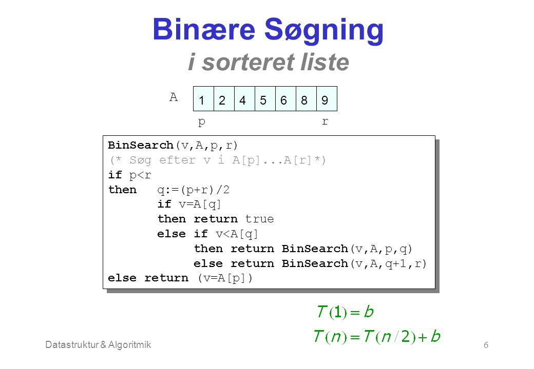 Datastruktur & Algoritmik6 Binære Søgning i sorteret liste A pr BinSearch(v,A,p,r) (* Søg efter v i A[p]...A[r]*) if p<r thenq:=(p+r)/2 if v=A[q] then return true else if v<A[q] then return BinSearch(v,A,p,q) else return BinSearch(v,A,q+1,r) else return (v=A[p]) BinSearch(v,A,p,r) (* Søg efter v i A[p]...A[r]*) if p<r thenq:=(p+r)/2 if v=A[q] then return true else if v<A[q] then return BinSearch(v,A,p,q) else return BinSearch(v,A,q+1,r) else return (v=A[p])