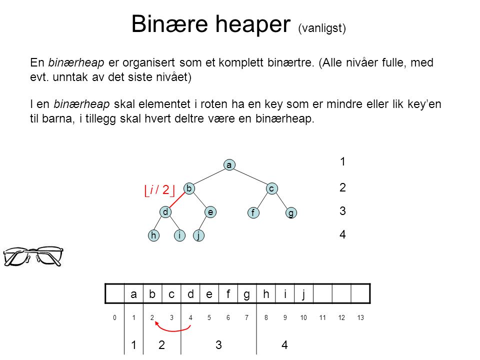 Binære heaper (vanligst) En binærheap er organisert som et komplett binærtre.