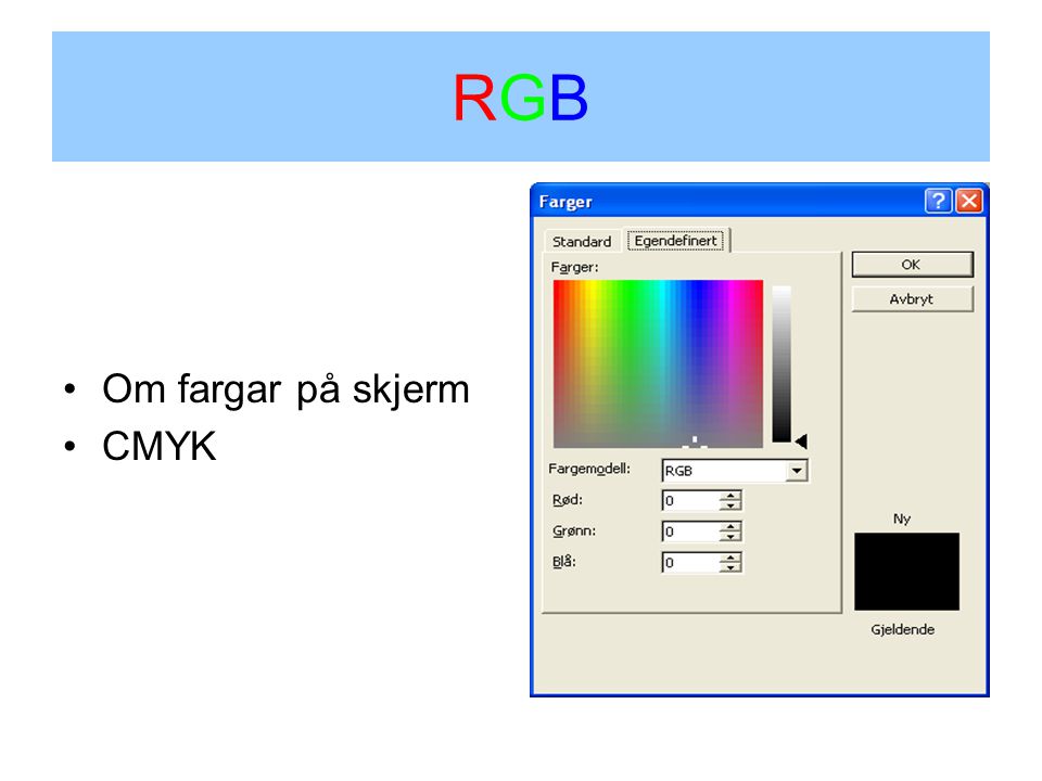 RGBRGB Om fargar på skjerm CMYK