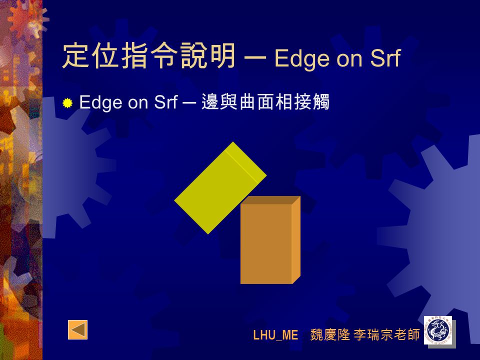 LHU_ME 魏慶隆 李瑞宗老師 定位指令說明 ─ Edge on Srf  Edge on Srf ─ 邊與曲面相接觸