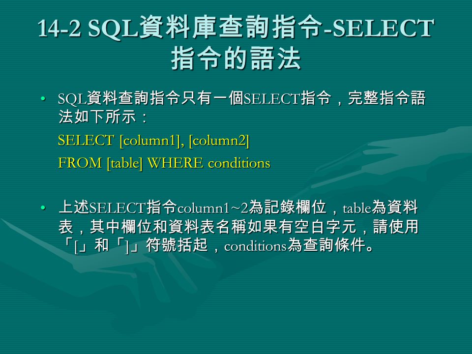 14-2 SQL 資料庫查詢指令 -SELECT 指令的語法 SQL 資料查詢指令只有一個 SELECT 指令，完整指令語 法如下所示：SQL 資料查詢指令只有一個 SELECT 指令，完整指令語 法如下所示： SELECT [column1], [column2] FROM [table] WHERE conditions 上述 SELECT 指令 column1~2 為記錄欄位， table 為資料 表，其中欄位和資料表名稱如果有空白字元，請使用 「 [ 」和「 ] 」符號括起， conditions 為查詢條件。 上述 SELECT 指令 column1~2 為記錄欄位， table 為資料 表，其中欄位和資料表名稱如果有空白字元，請使用 「 [ 」和「 ] 」符號括起， conditions 為查詢條件。