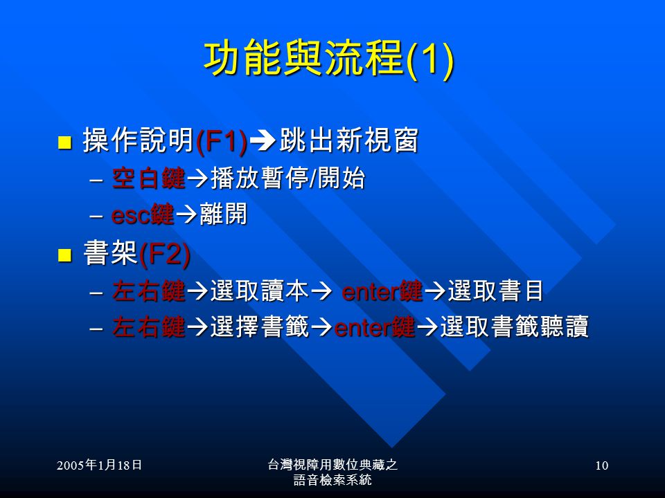 2005 年 1 月 18 日台灣視障用數位典藏之 語音檢索系統 9 功能說明 ˇ 搜尋 (F3) 聽讀 書架 (F2) 系統選項 (F4) 操作說明 ( F1 ) ˇ 選讀操作 ˇ 播放操作 書籤操作 麥克風 精靈 ˇ ：已有之功能