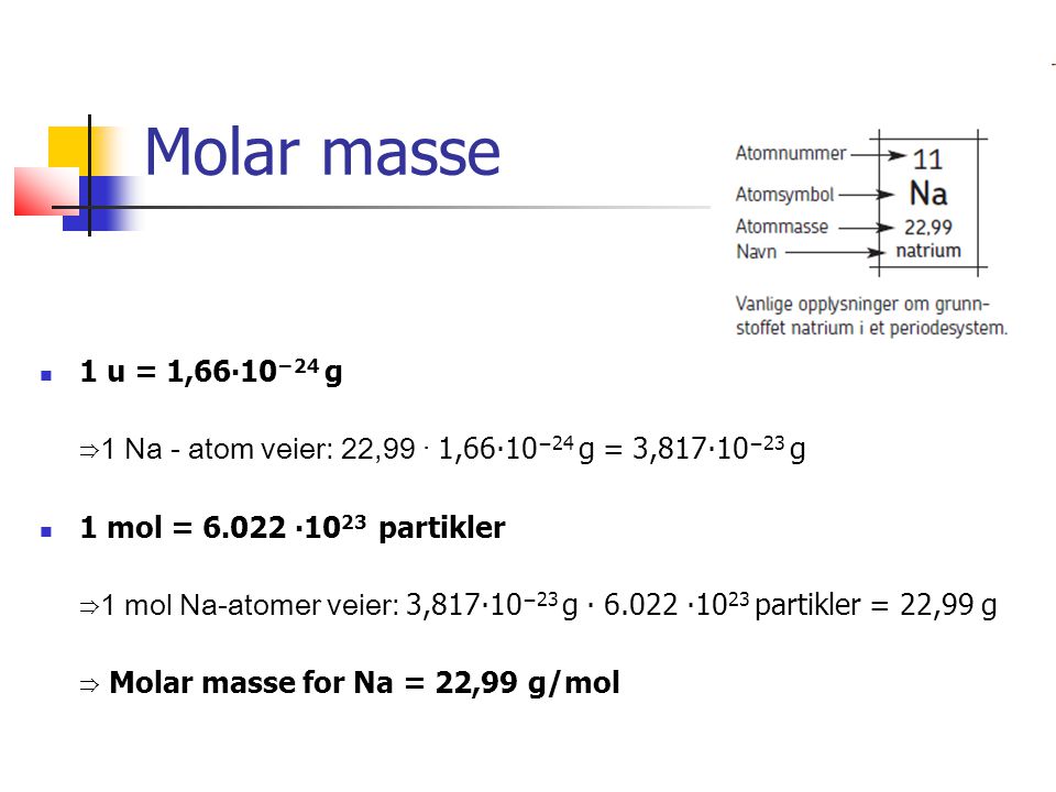 Molar masse 1 u = 1,66∙10 −24 g ⇒1 Na - atom veier: 22,99 · 1,66∙10 −24 g = 3,817∙10 −23 g 1 mol = ∙10 23 partikler ⇒1 mol Na-atomer veier: 3,817∙10 −23 g ∙ ∙10 23 partikler = 22,99 g ⇒ Molar masse for Na = 22,99 g/mol