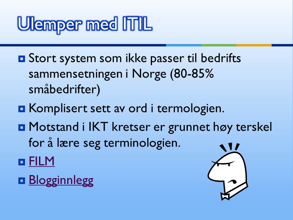  Stort system som ikke passer til bedrifts sammensetningen i Norge (80-85% småbedrifter)  Komplisert sett av ord i termologien.