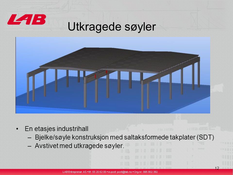 12 Utkragede søyler En etasjes industrihall –Bjelke/søyle konstruksjon med saltaksformede takplater (SDT) –Avstivet med utkragede søyler.