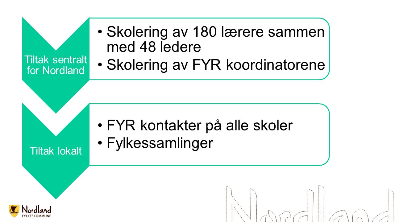 Tiltak sentralt for Nordland Skolering av 180 lærere sammen med 48 ledere Skolering av FYR koordinatorene Tiltak lokalt FYR kontakter på alle skoler Fylkessamlinger