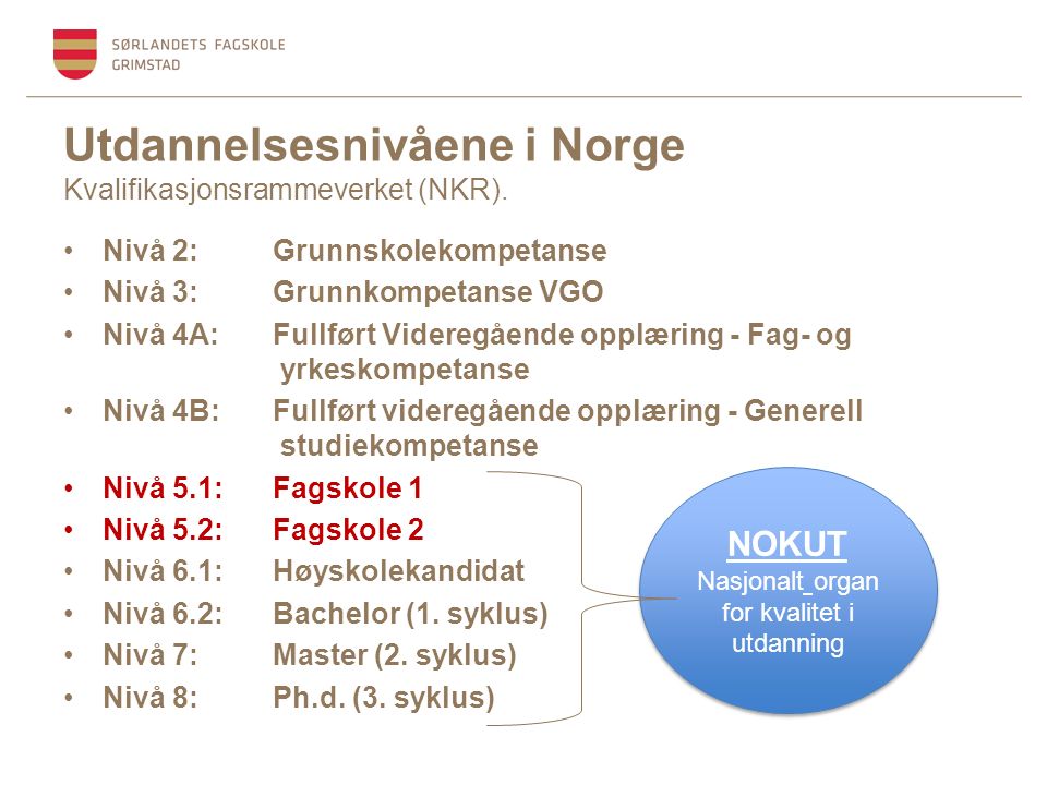 Utdannelsesnivåene i Norge Kvalifikasjonsrammeverket (NKR).