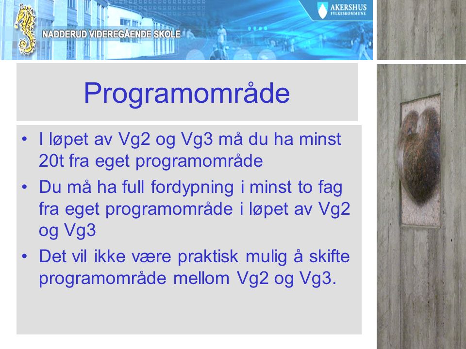 Programområde I løpet av Vg2 og Vg3 må du ha minst 20t fra eget programområde Du må ha full fordypning i minst to fag fra eget programområde i løpet av Vg2 og Vg3 Det vil ikke være praktisk mulig å skifte programområde mellom Vg2 og Vg3.