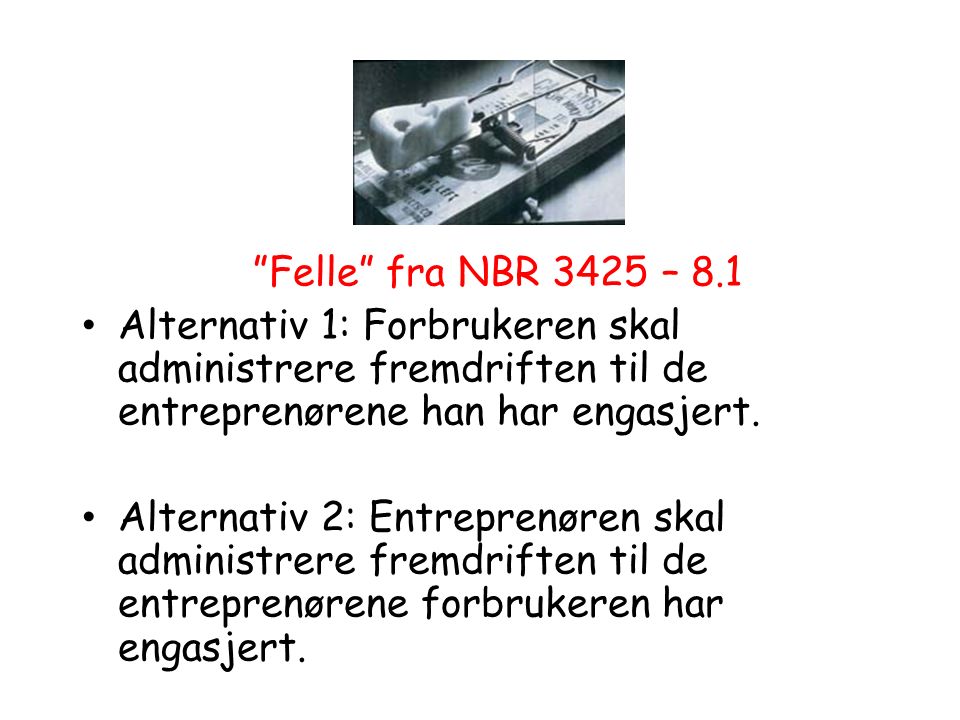 Felle fra NBR 3425 – 8.1 Alternativ 1: Forbrukeren skal administrere fremdriften til de entreprenørene han har engasjert.