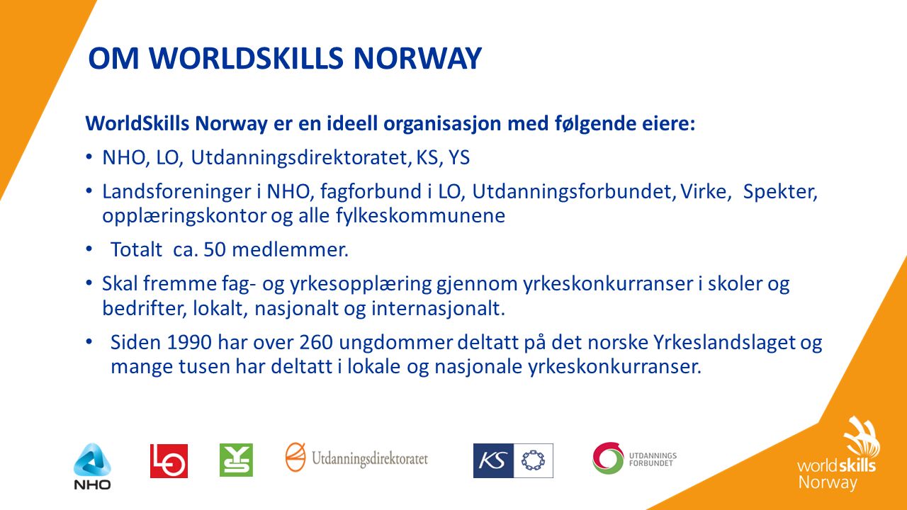 OM WORLDSKILLS NORWAY WorldSkills Norway er en ideell organisasjon med følgende eiere: NHO, LO, Utdanningsdirektoratet, KS, YS Landsforeninger i NHO, fagforbund i LO, Utdanningsforbundet, Virke, Spekter, opplæringskontor og alle fylkeskommunene Totalt ca.