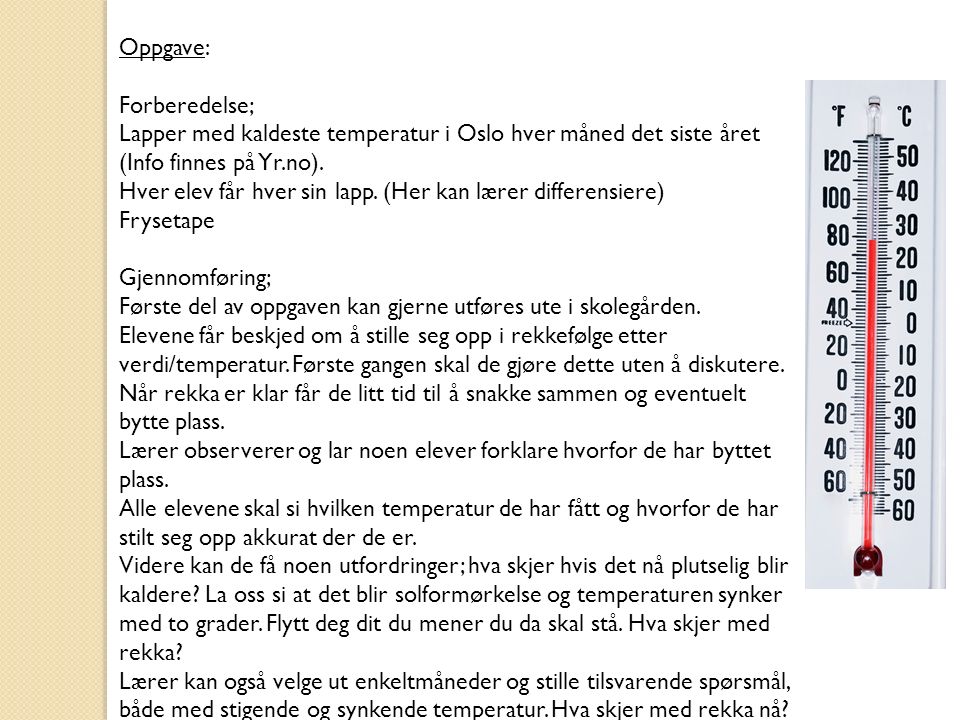 Oppgave: Forberedelse; Lapper med kaldeste temperatur i Oslo hver måned det siste året (Info finnes på Yr.no).