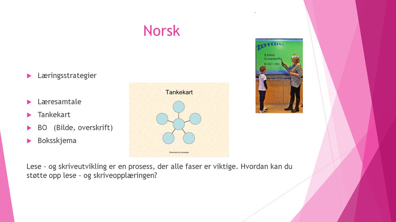 Norsk  Læringsstrategier  Læresamtale  Tankekart  BO (Bilde, overskrift)  Boksskjema Lese - og skriveutvikling er en prosess, der alle faser er viktige.