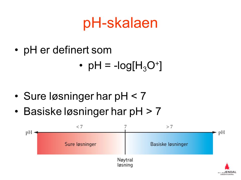 pH-skalaen pH er definert som pH = -log[H 3 O + ] Sure løsninger har pH < 7 Basiske løsninger har pH > 7
