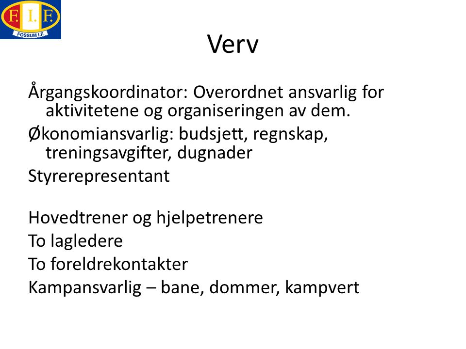 Verv Årgangskoordinator: Overordnet ansvarlig for aktivitetene og organiseringen av dem.