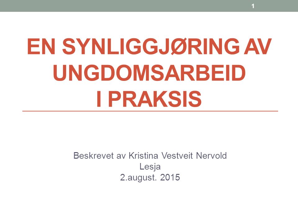 EN SYNLIGGJØRING AV UNGDOMSARBEID I PRAKSIS Beskrevet av Kristina Vestveit Nervold Lesja 2.august.