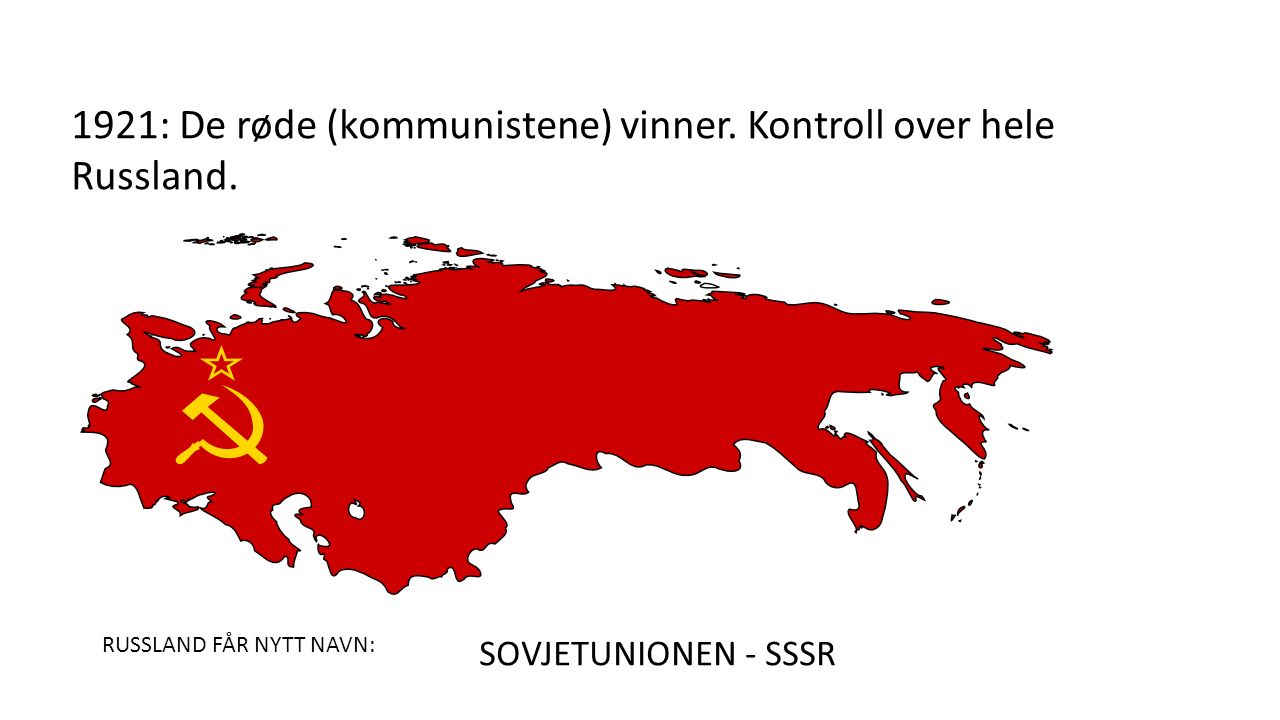 1921: De røde (kommunistene) vinner. Kontroll over hele Russland.