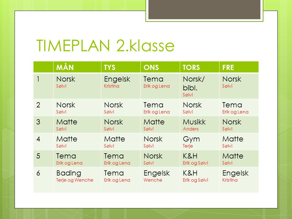 TIMEPLAN 2.klasse MÅNTYSONSTORSFRE 1Norsk Sølvi Engelsk Kristina Tema Erik og Lena Norsk/ bibl.