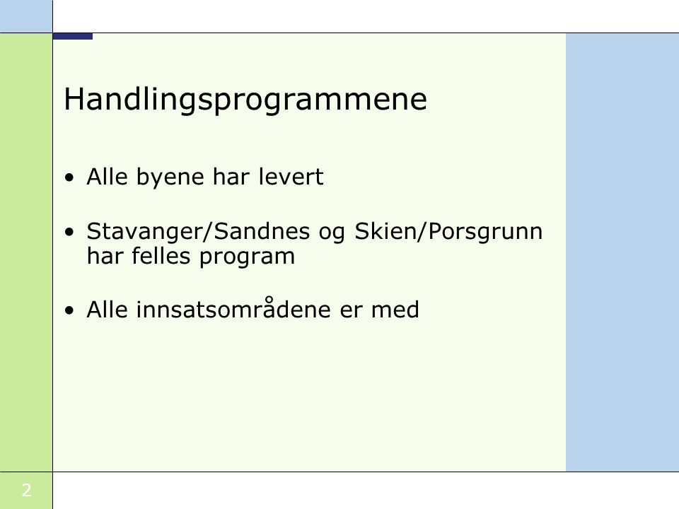 2 Handlingsprogrammene Alle byene har levert Stavanger/Sandnes og Skien/Porsgrunn har felles program Alle innsatsområdene er med